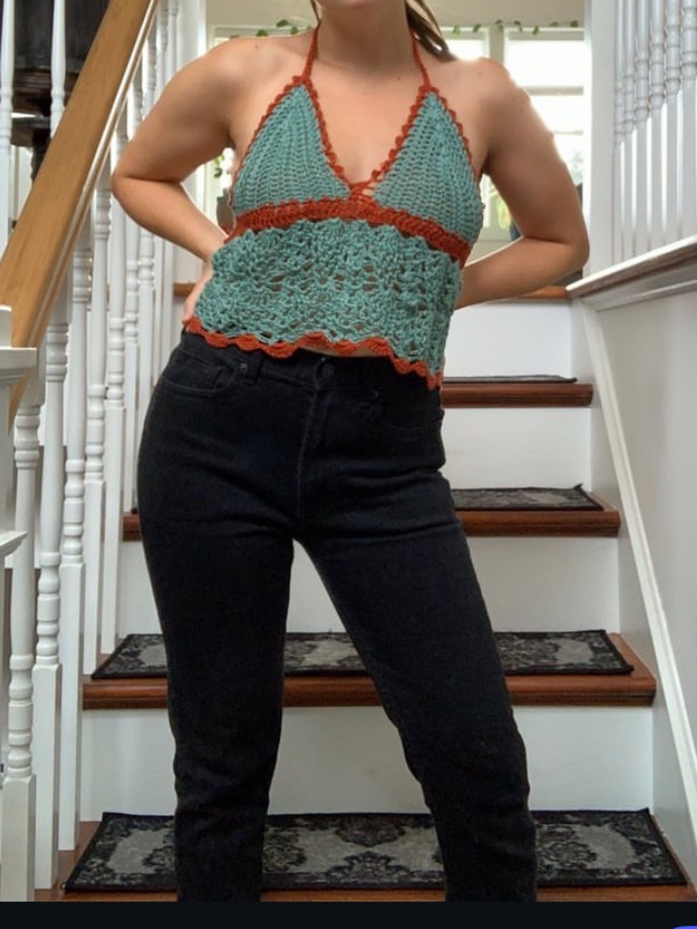 Handmade Crochet Bralette Top in Aquamarine and Coral Red